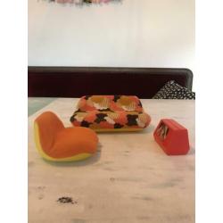 Vintage jaren 70 Mattel poppenhuis meubels bank stoel TV