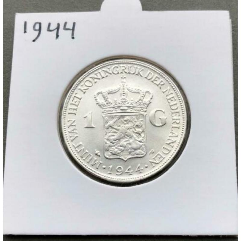 Schaarse zilveren 1 gulden 1944 Wilhelmina in UNC kwaliteit,