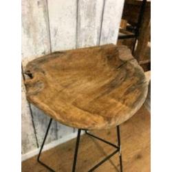 Barkruk hout uit Root Teakboom + zwart metaal, origineel !