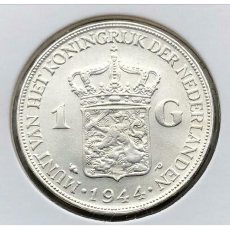 Schaarse zilveren 1 gulden 1944 Wilhelmina in UNC kwaliteit,