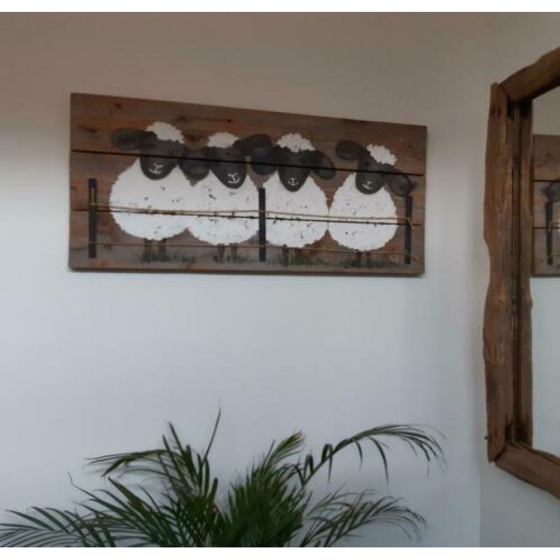 Schilderij nieuw op oud hout geschilderd, afm 1.10 x 0.50