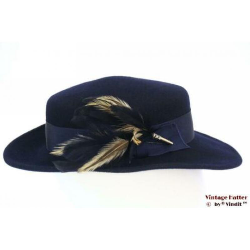 Vintage Dameshoed Breiter donker blauw met veren 56