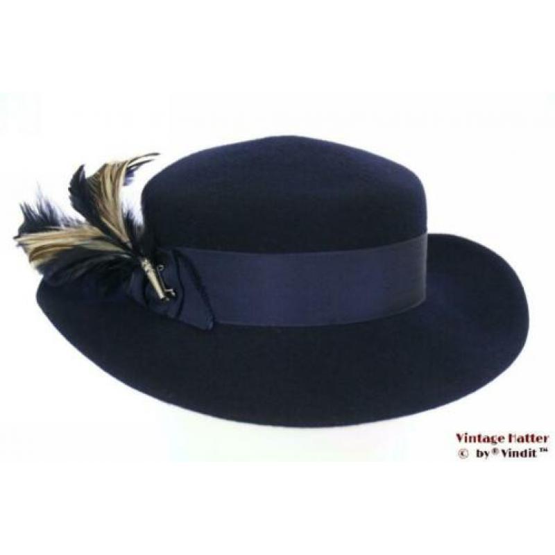 Vintage Dameshoed Breiter donker blauw met veren 56