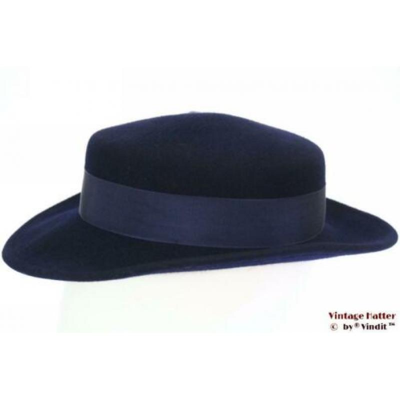 Vintage Dameshoed Breiter donker blauw met veren 56