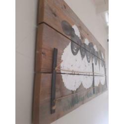 Schilderij nieuw op oud hout geschilderd, afm 1.10 x 0.50