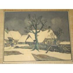 Jaren 30 W. Cornelissen linosnede winterlandschap boerderij