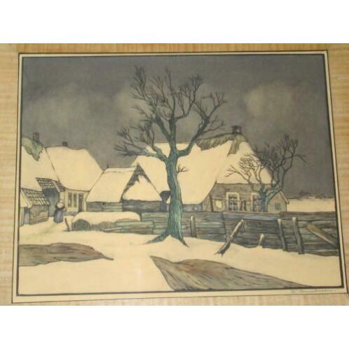 Jaren 30 W. Cornelissen linosnede winterlandschap boerderij