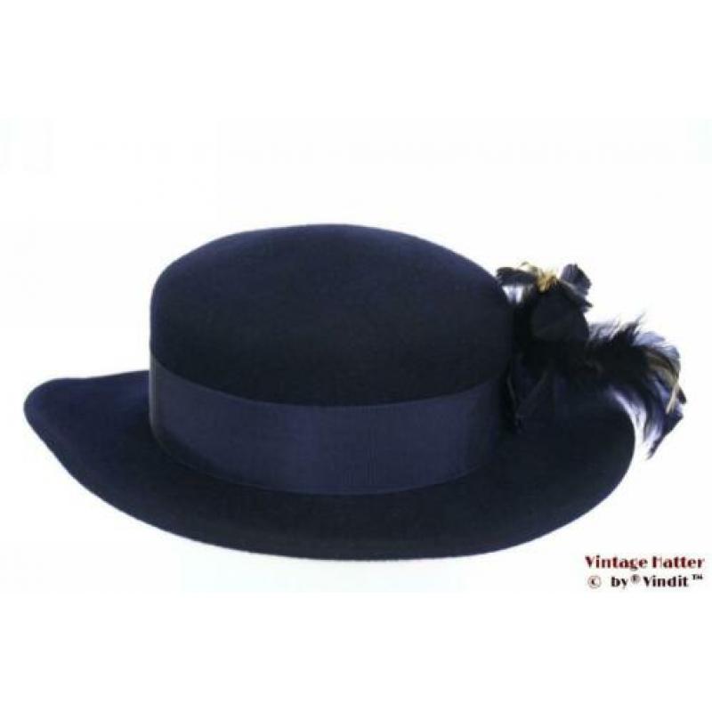 Vintage Dameshoed Breiter donker blauw met veren 56