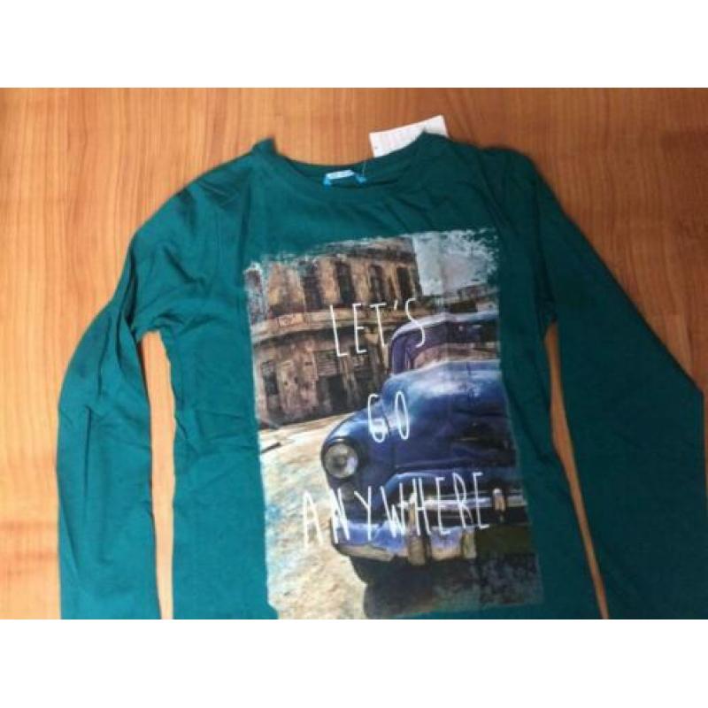HEMA mooi NIEUW groen shirt + opdruk oldtimer maat 146 / 152