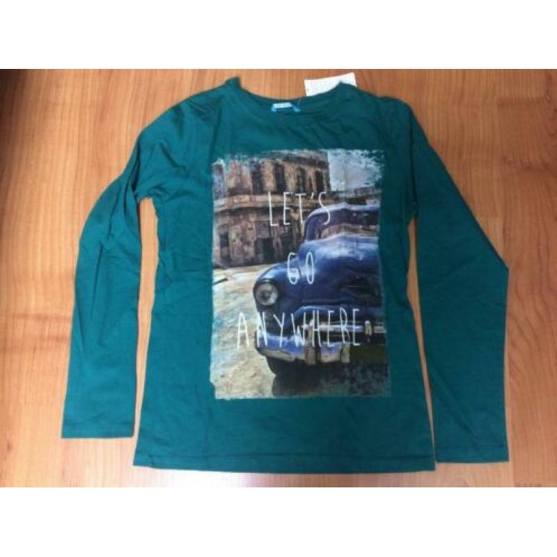 HEMA mooi NIEUW groen shirt + opdruk oldtimer maat 146 / 152