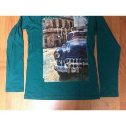 HEMA mooi NIEUW groen shirt + opdruk oldtimer maat 146 / 152