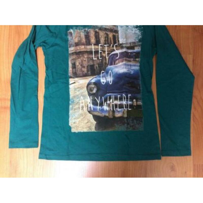 HEMA mooi NIEUW groen shirt + opdruk oldtimer maat 146 / 152
