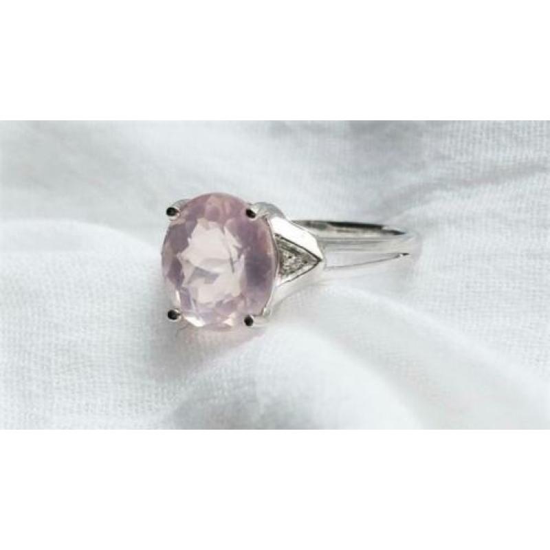 14k witgouden 925 zilveren ring, rozenkwarts, klassiek mt 17