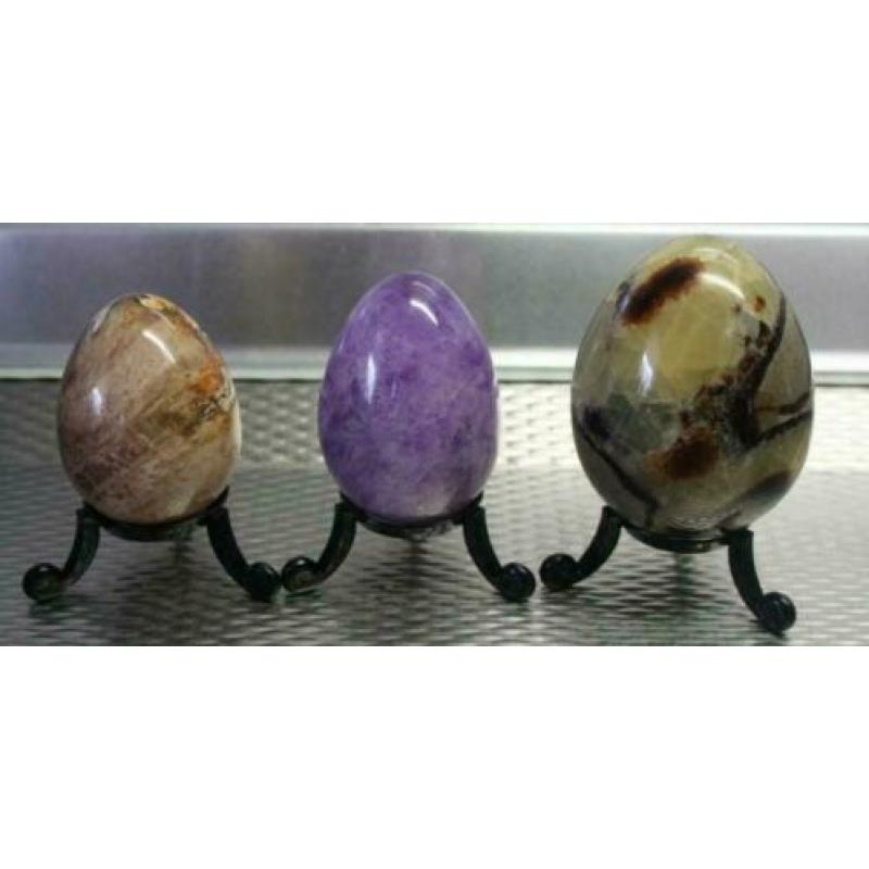 3 Mooie Steen-eieren, SEPTARIA-AMETHYST-VERSTEEND HOUT