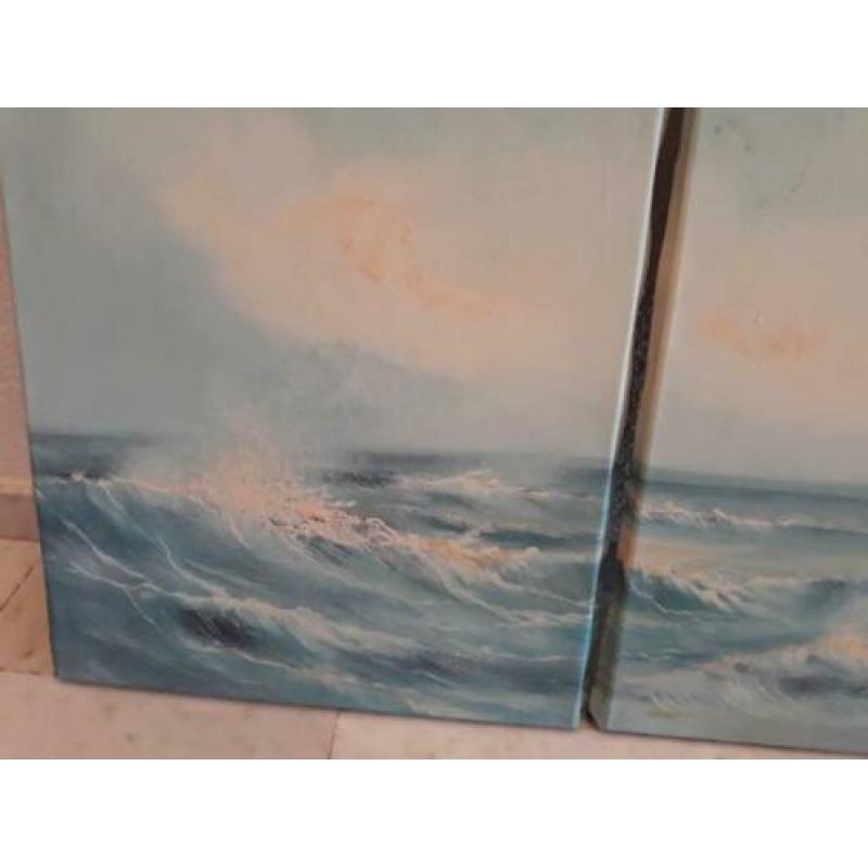 gesigneerd tweeluik schilderij in blauw tinten zeezicht