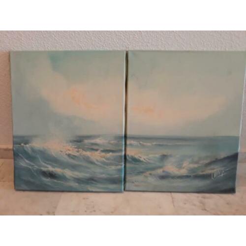 gesigneerd tweeluik schilderij in blauw tinten zeezicht