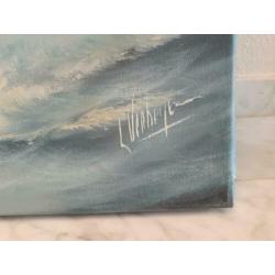 gesigneerd tweeluik schilderij in blauw tinten zeezicht