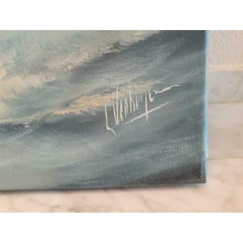 gesigneerd tweeluik schilderij in blauw tinten zeezicht