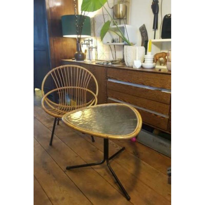Vintage bamboe Rohe dirk sliedrecht rotan stoel + tafel.