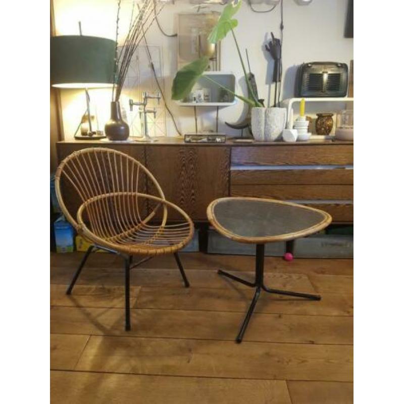 Vintage bamboe Rohe dirk sliedrecht rotan stoel + tafel.
