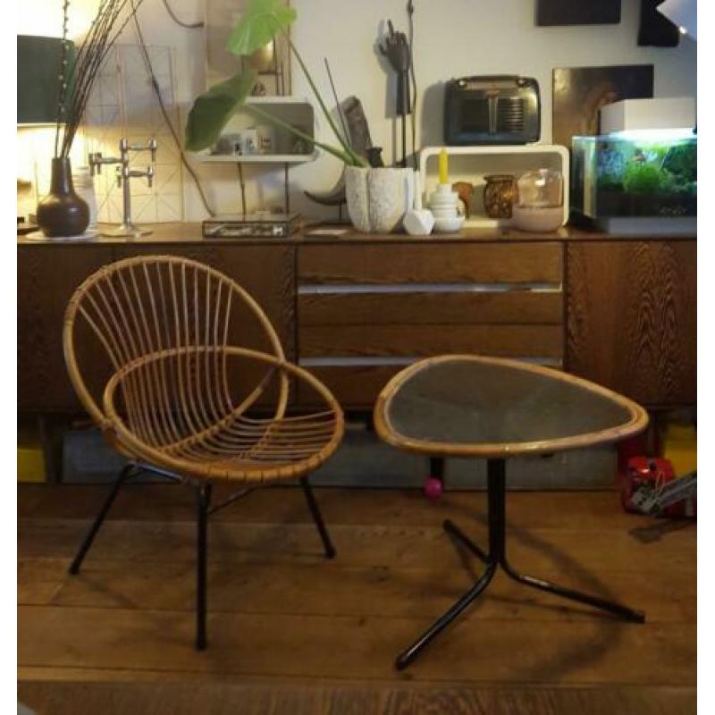 Vintage bamboe Rohe dirk sliedrecht rotan stoel + tafel.