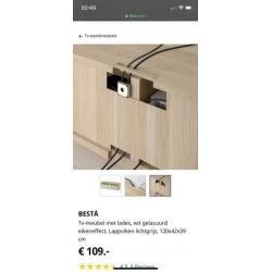 TV meubel. Ikea besta. Eiken effect met lichtgrijs 120x42x39