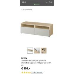 TV meubel. Ikea besta. Eiken effect met lichtgrijs 120x42x39