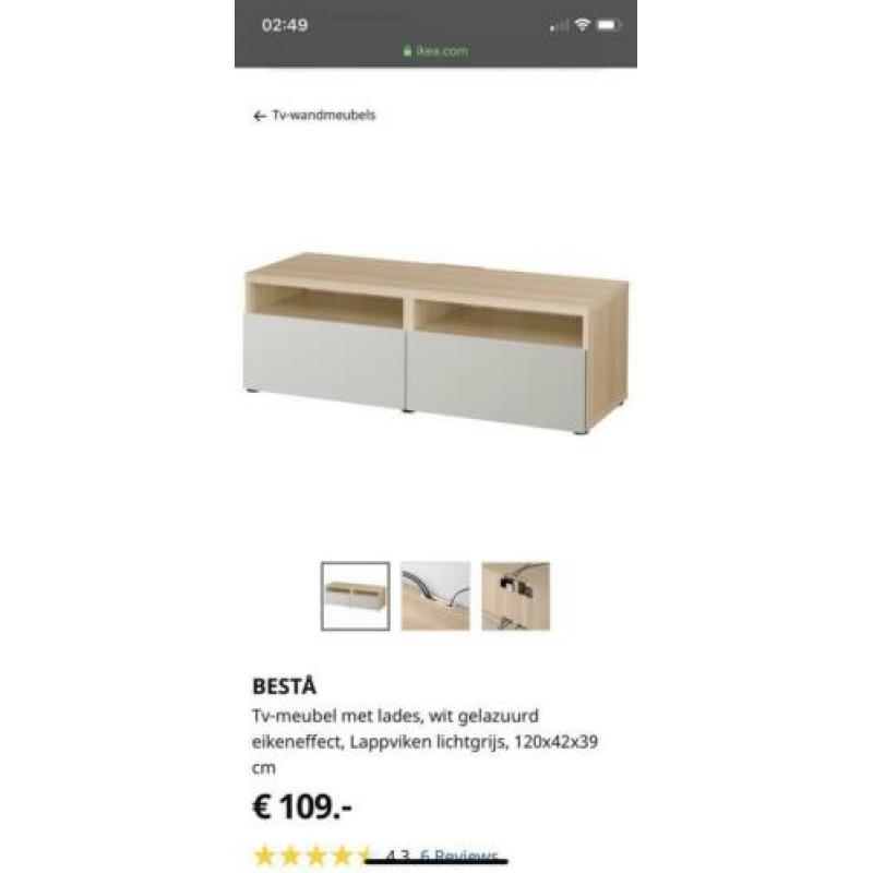 TV meubel. Ikea besta. Eiken effect met lichtgrijs 120x42x39