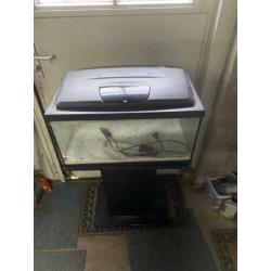 Aquarium met verlichting en accessoires op zwarte poot.