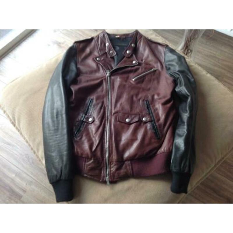 Brand slim fit mooie bordeaux zwart Bikerjack top leer