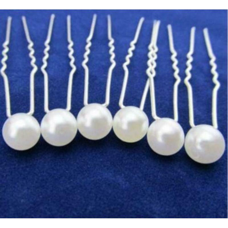 Set 6x Haarpinnen haarsteker Parel wit zilver bruid communie