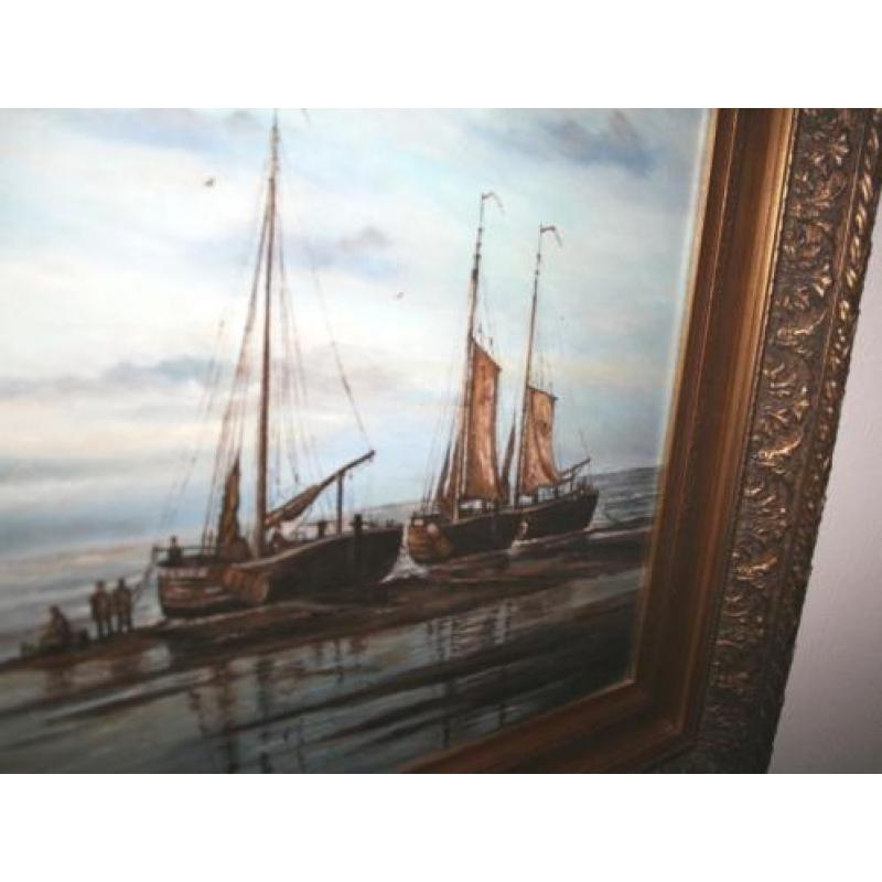 kolossale grote oud maritiem schilderij bomschuiten gesignee