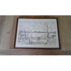 Potloodtekening, open landschap.