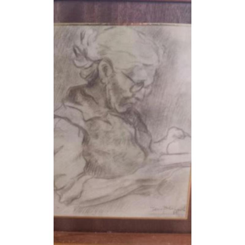 orig. tekening lezende vrouw Jan van Bloppoel (1920-1972).