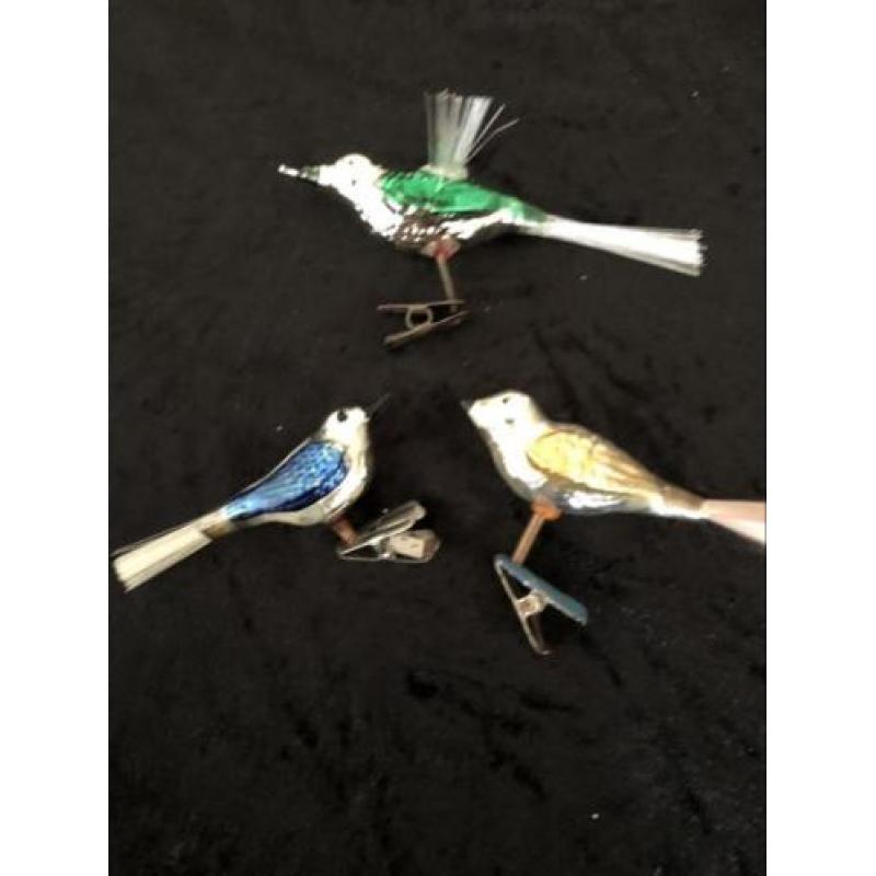 Antieke gekleurde kerstbal vogeltjes 3 stuks