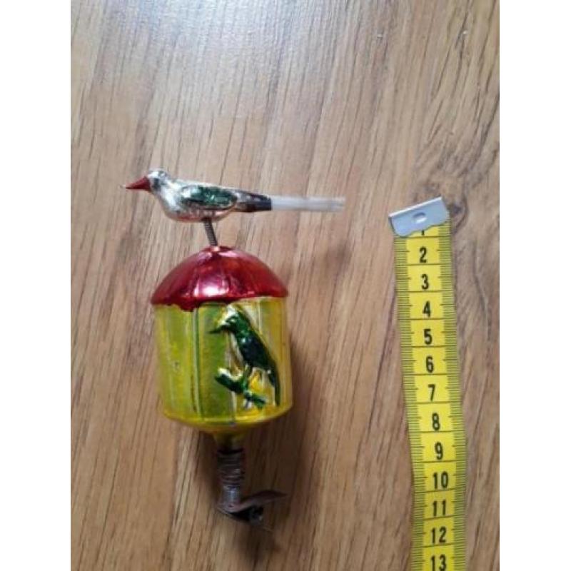 Zeer bijzondere oude antieke kerstbal vogel op kooi glas