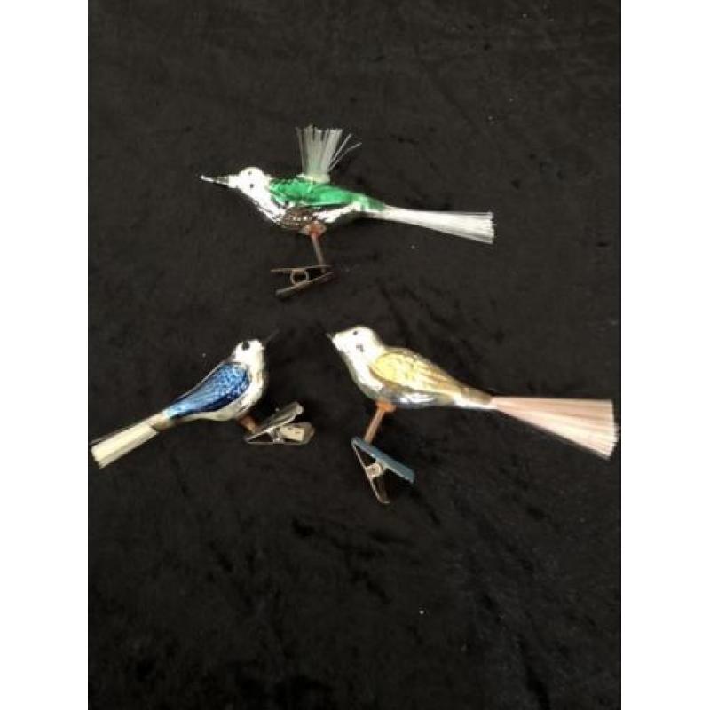 Antieke gekleurde kerstbal vogeltjes 3 stuks