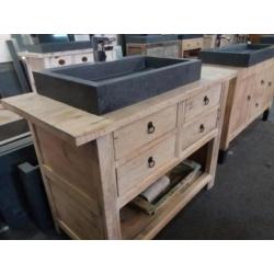 wasbak - waskom - wastafel - natuursteen - oud hout - waskom