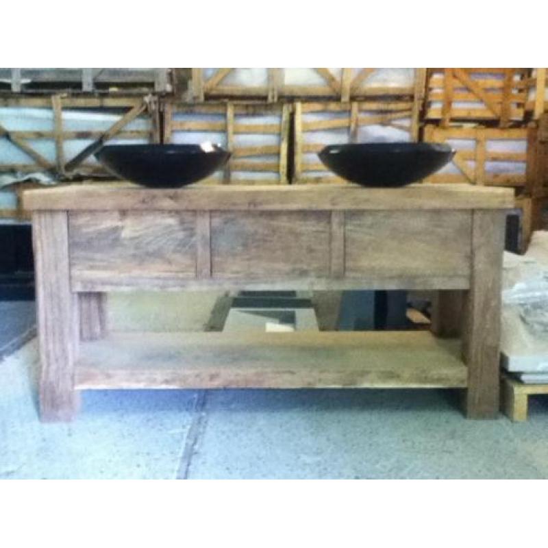 wasbak - waskom - wastafel - natuursteen - oud hout - waskom