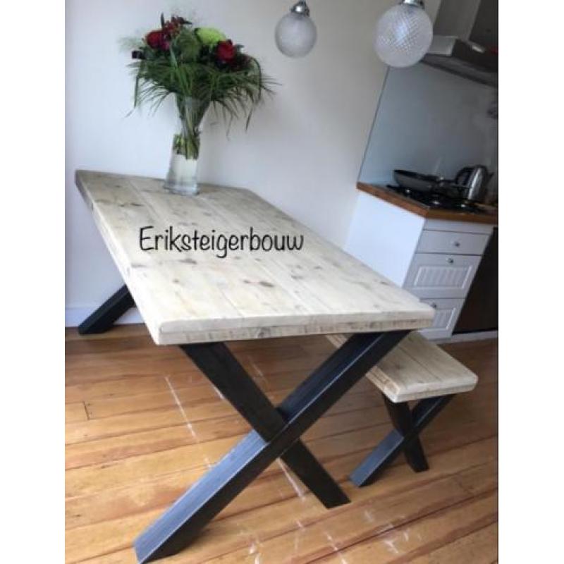Steigerhout eettafel bank bankje industriële tafel X U poten